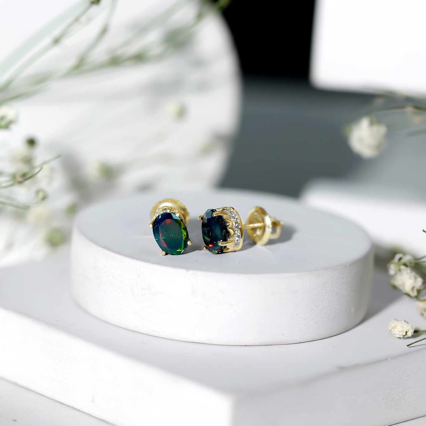 1.8 Carat Oval Black Opal Solitaire Stud Earrings with Diamond
