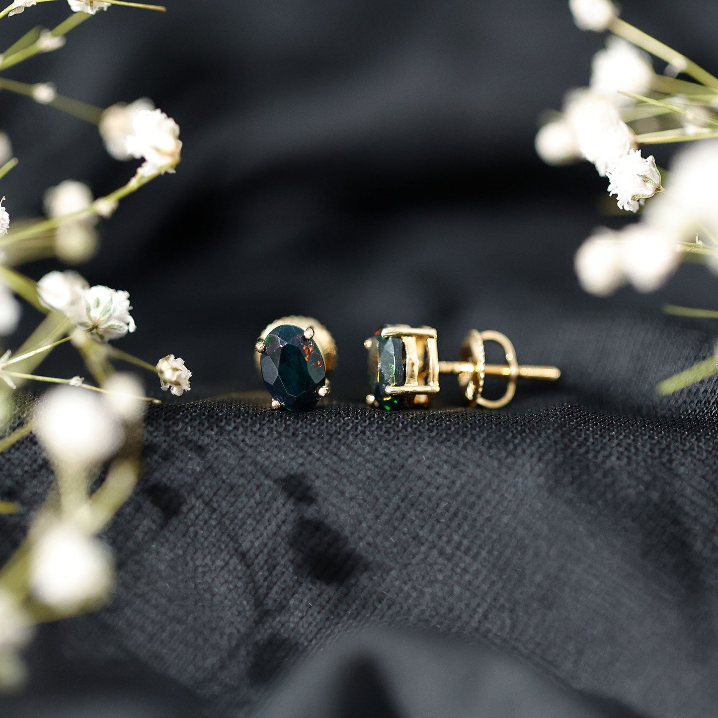 1.8 Carat Real Black Opal Solitaire Stud Earrings in 4 Prong Setting