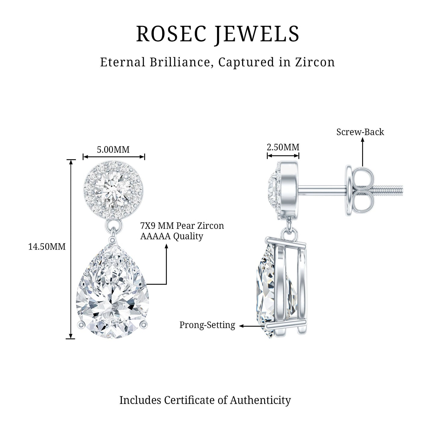 Certified 7X9 MM Zirconia Pear Drop Earrings for Wedding