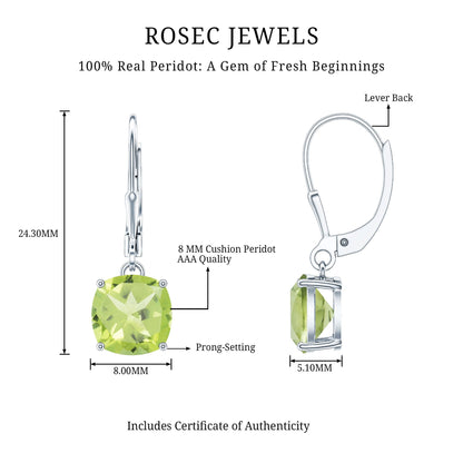 4.2 Carat Cushion Cut Peridot Solitaire Drop Earrings with Leverback