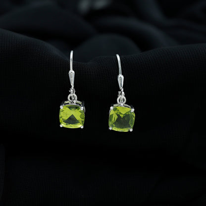 4.2 Carat Cushion Cut Peridot Solitaire Drop Earrings with Leverback