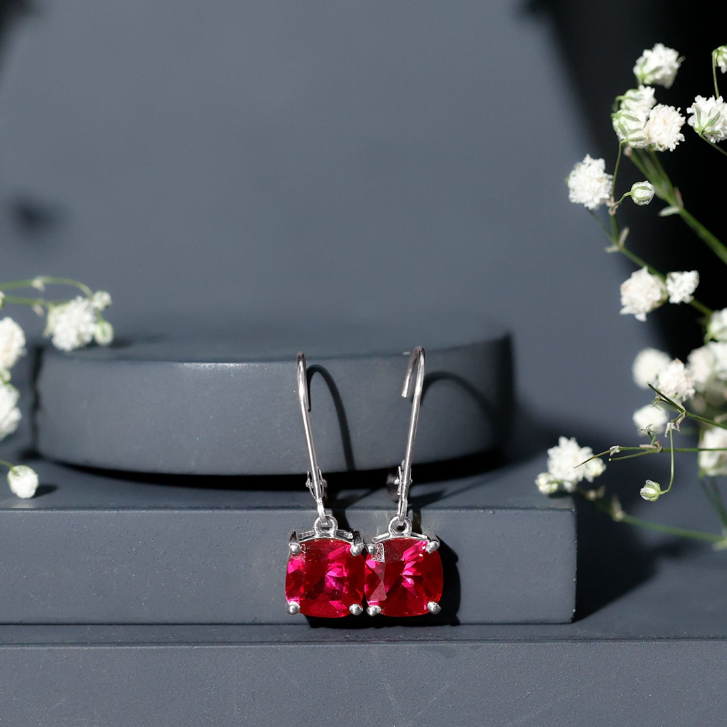 4 Carat Cushion Cut Lab Grown Ruby Hoop Earrings for Women