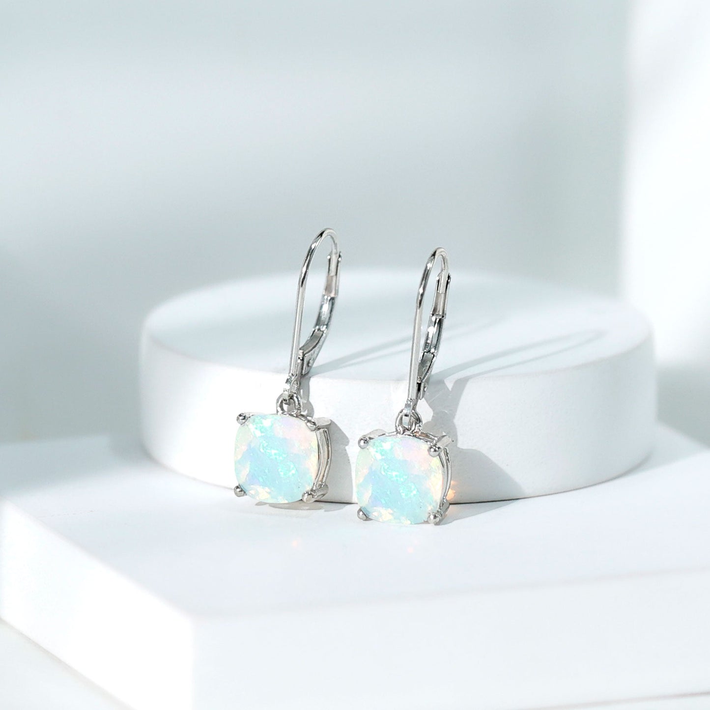 Cushion Cut Solitaire Ethiopian Opal Drop Earrings