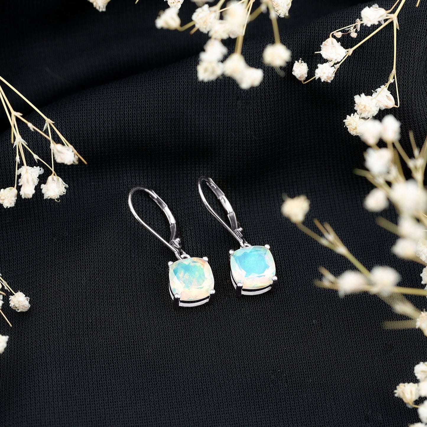 Cushion Cut Solitaire Ethiopian Opal Drop Earrings