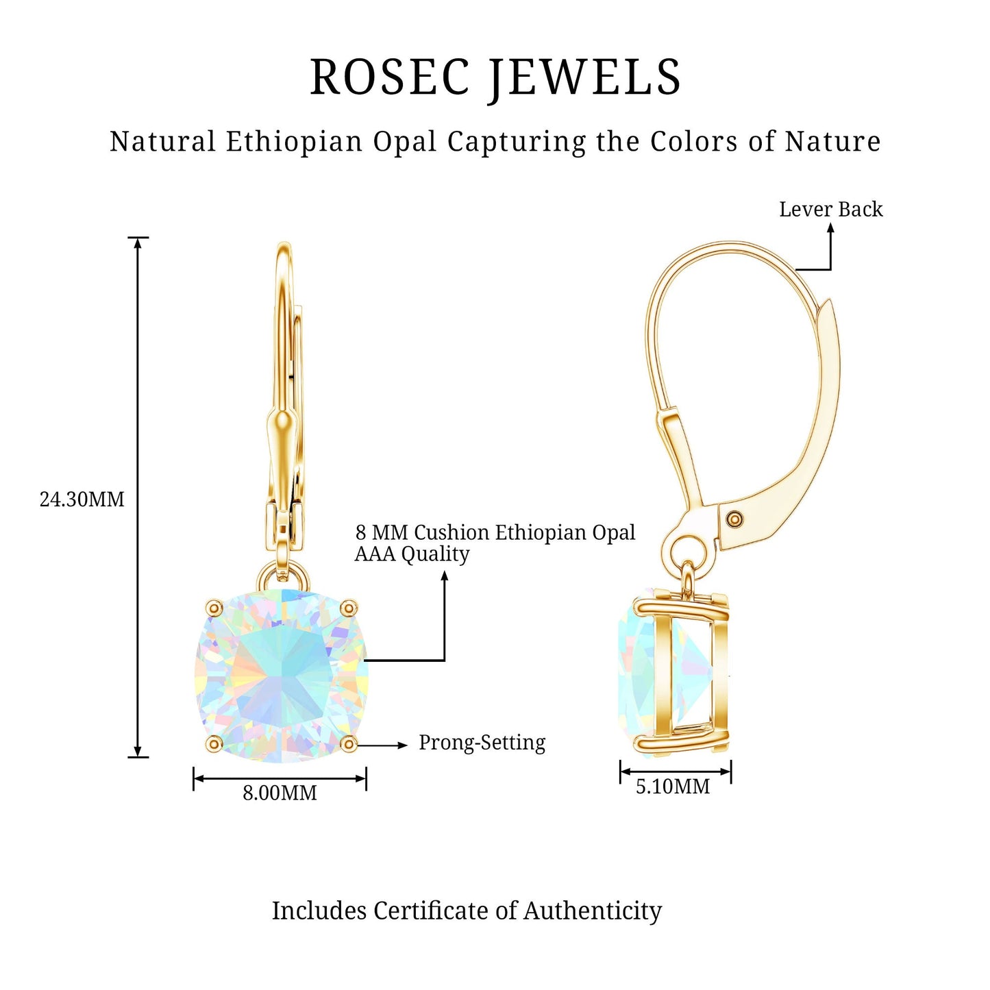Cushion Cut Solitaire Ethiopian Opal Drop Earrings