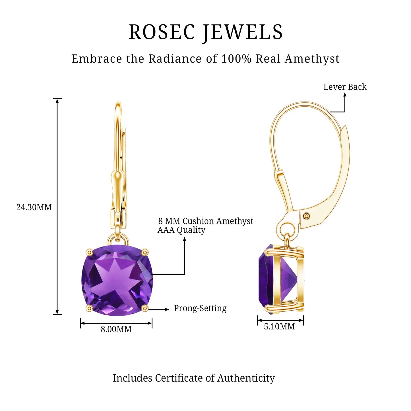 Natural 4.2 Carat Cushion Cut Amethyst Drop Earrings with Lever Back