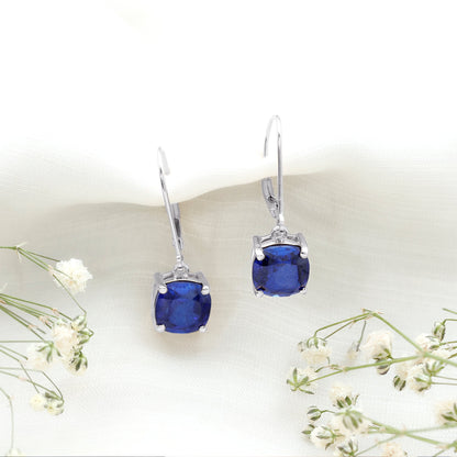 Cushion Cut Lab Grown Blue Sapphire Drop Hoop Earrings