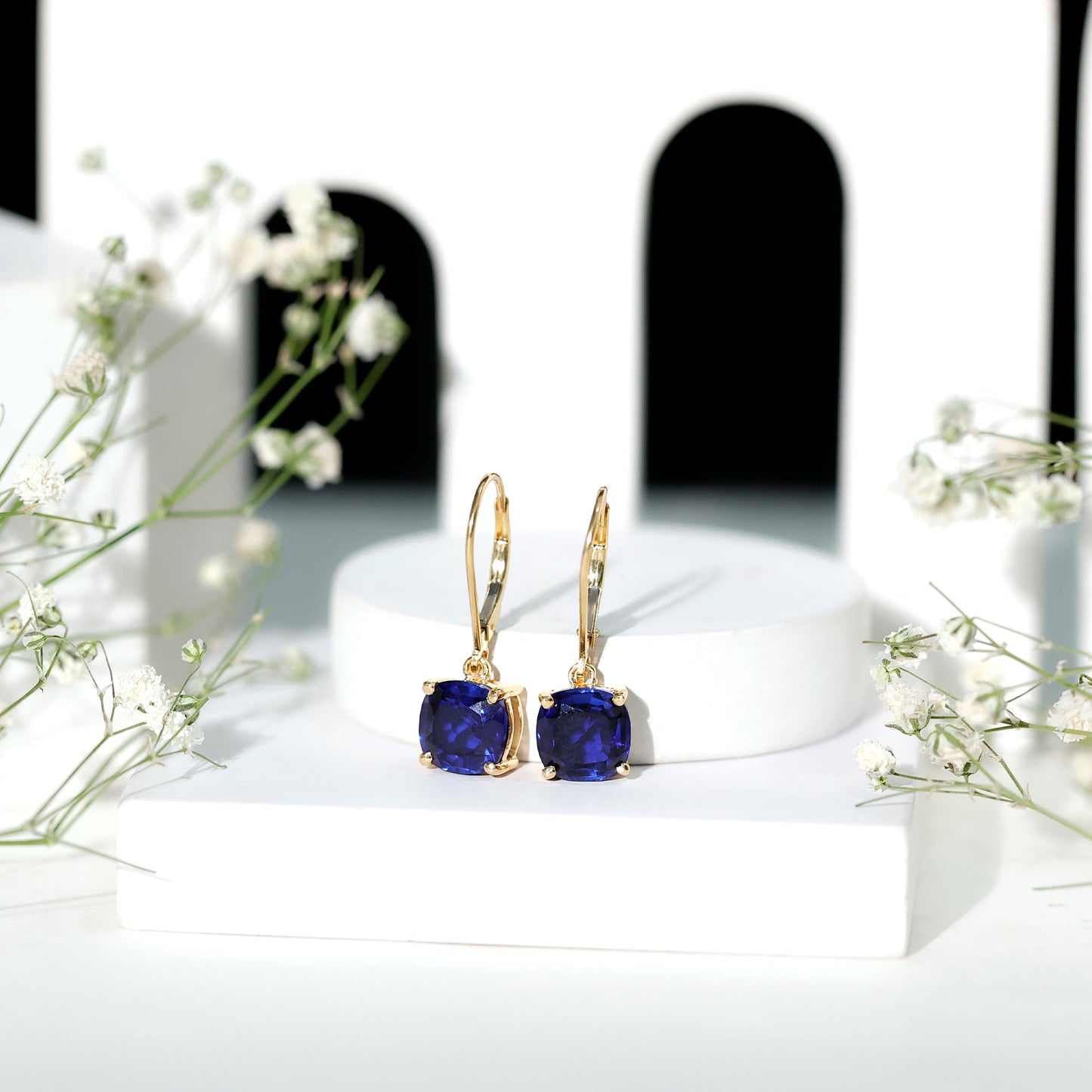 Cushion Cut Lab Grown Blue Sapphire Drop Hoop Earrings