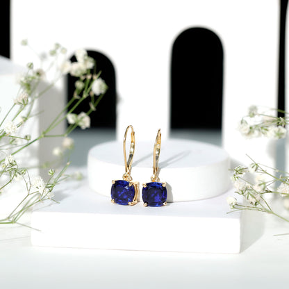 Cushion Cut Lab Grown Blue Sapphire Drop Hoop Earrings