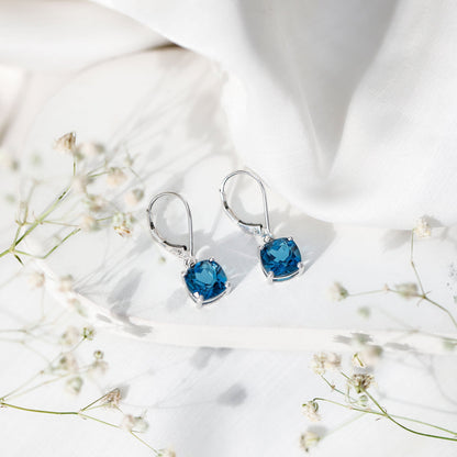 Cushion Cut London Blue Topaz Solitaire Drop Earrings