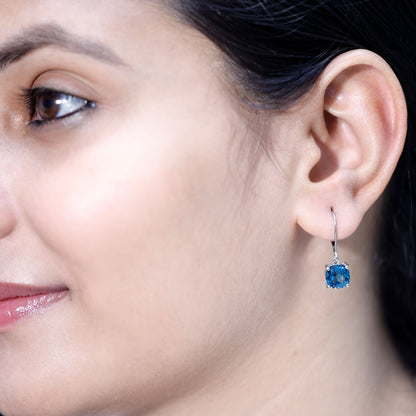 Cushion Cut London Blue Topaz Solitaire Drop Earrings