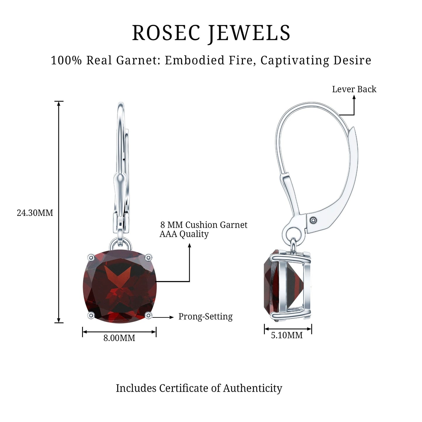 6.4 Carat Cushion Cut Garnet Solitaire Drop Earrings with Lever Back