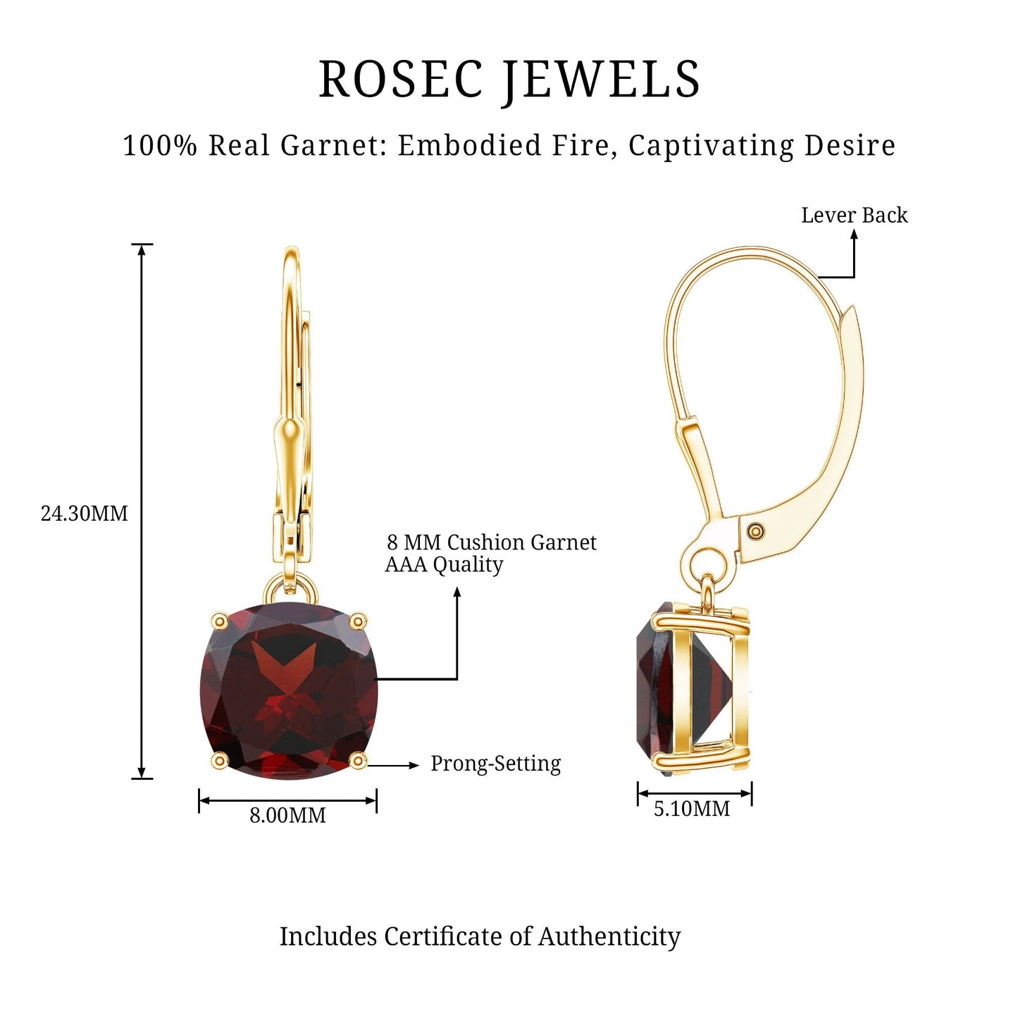 6.4 Carat Cushion Cut Garnet Solitaire Drop Earrings with Lever Back