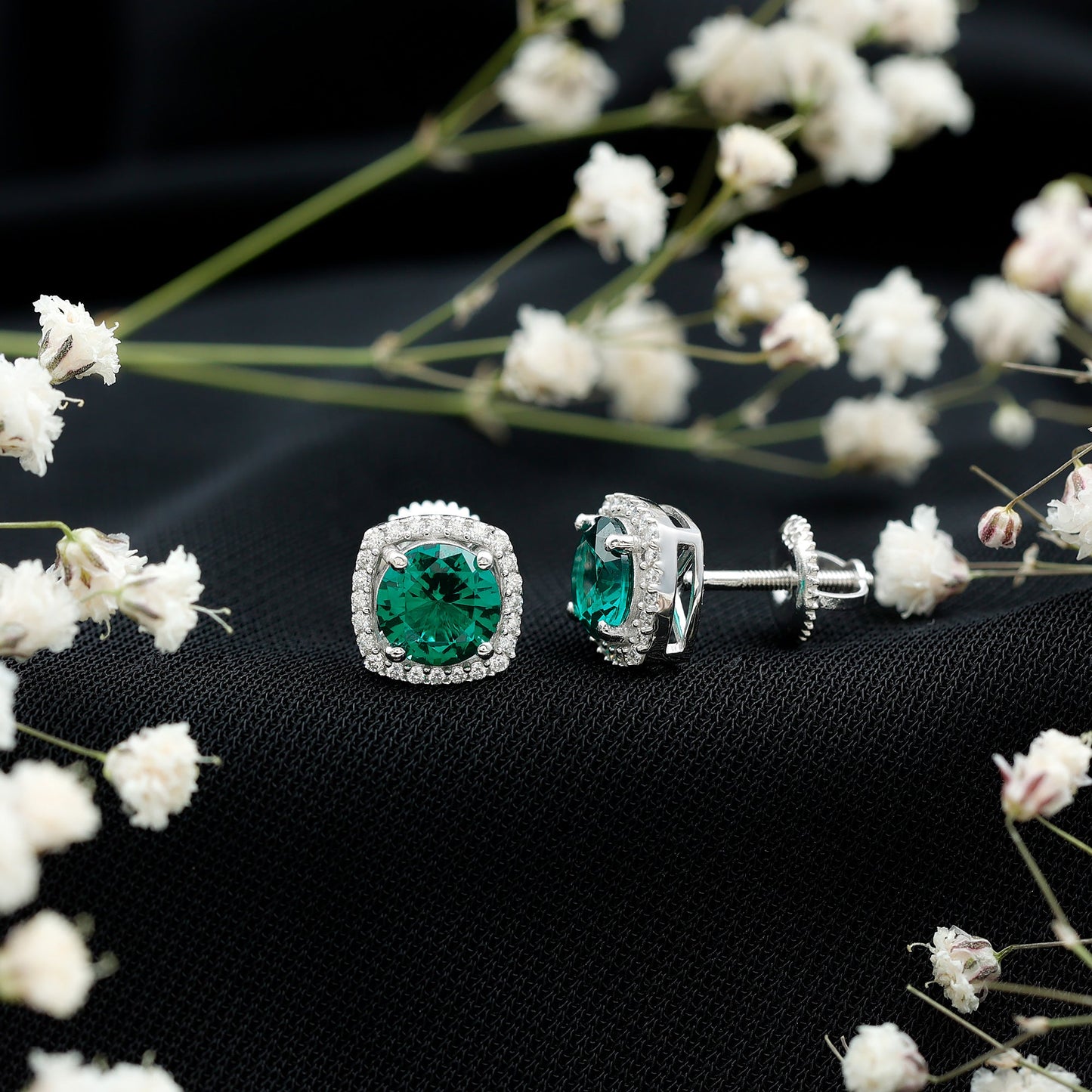 Classic Lab Grown Emerald Halo Stud Earrings with Certificate