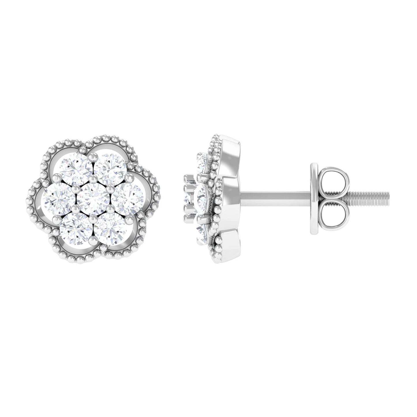 Genuine Diamond Flower Stud Earrings with Screw Back
