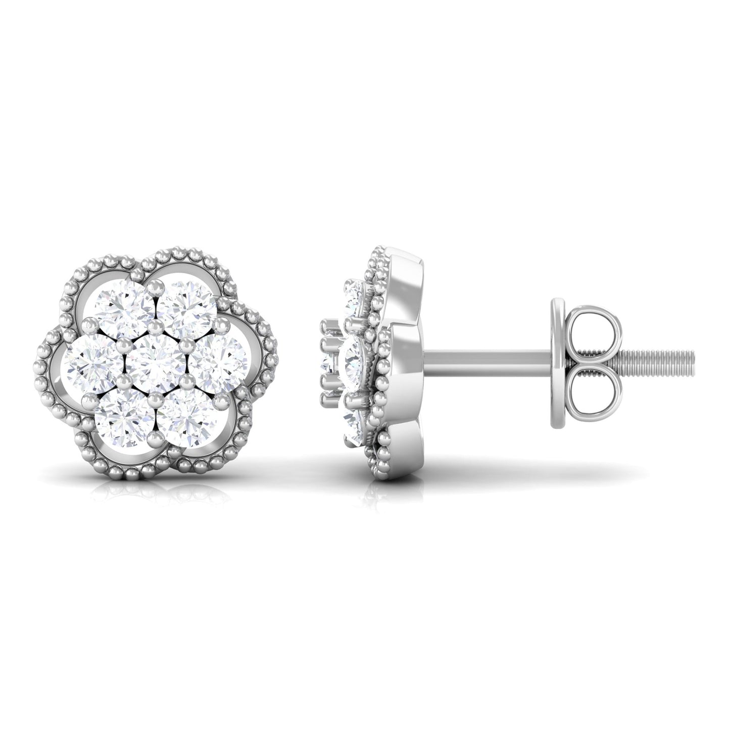 Genuine Diamond Flower Stud Earrings with Screw Back