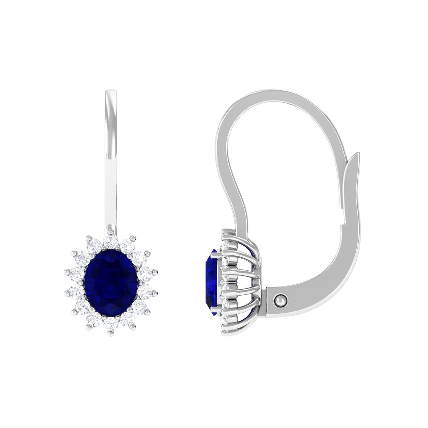 1.2 Carat Oval Blue Sapphire Drop Earrings with Diamond Halo