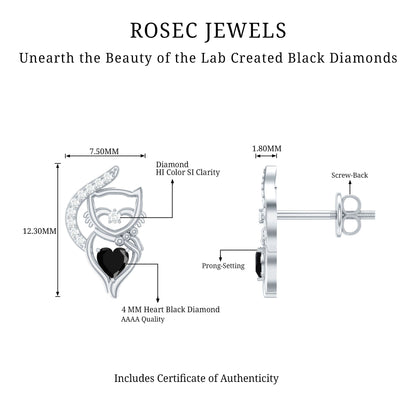 Heart Shape Lab Grown Black and White Diamond Cat Stud Earrings