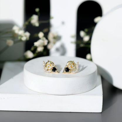 Heart Shape Lab Grown Black and White Diamond Cat Stud Earrings