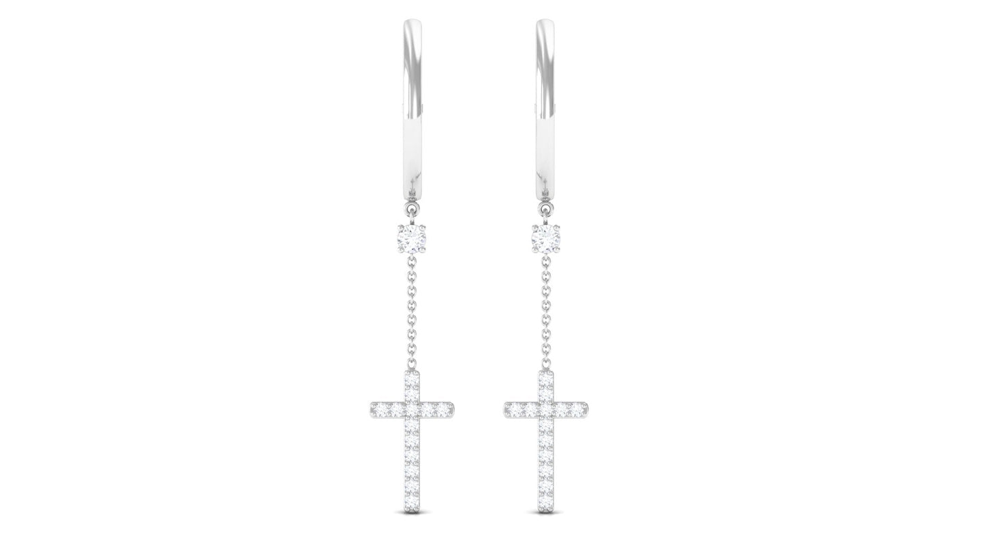 Genuine Diamond Cross Drop Earrings with Hinged Hoop