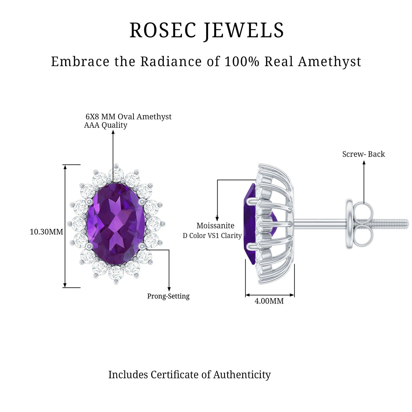 Classic Oval Amethyst Stud Earrings with Moissanite Halo