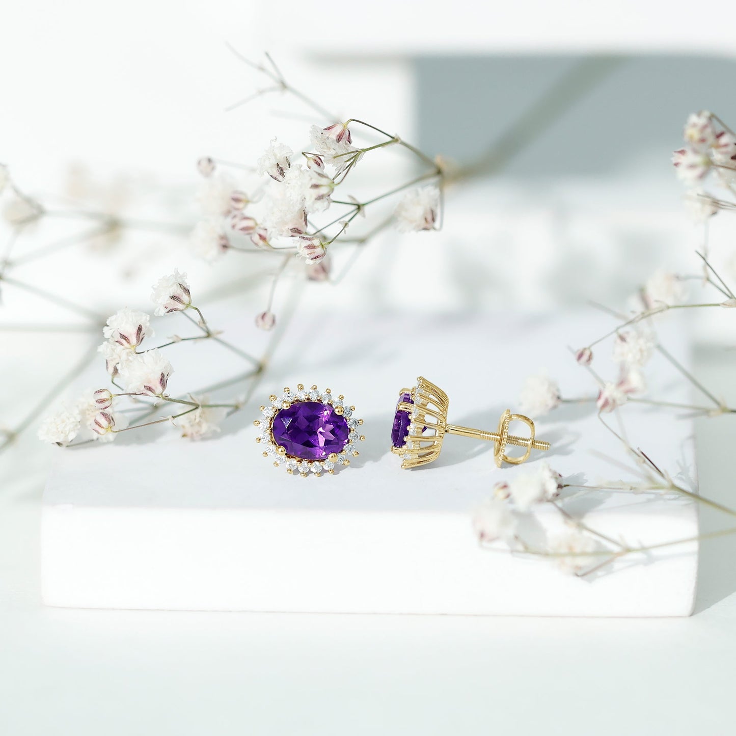 Classic Oval Amethyst Stud Earrings with Moissanite Halo