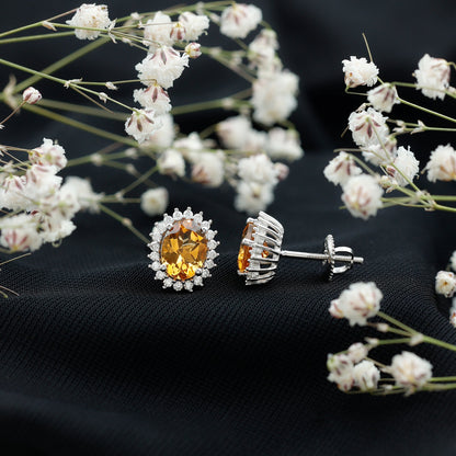 Natural 2.2 Carat Oval Citrine Stud Earrings with Halo