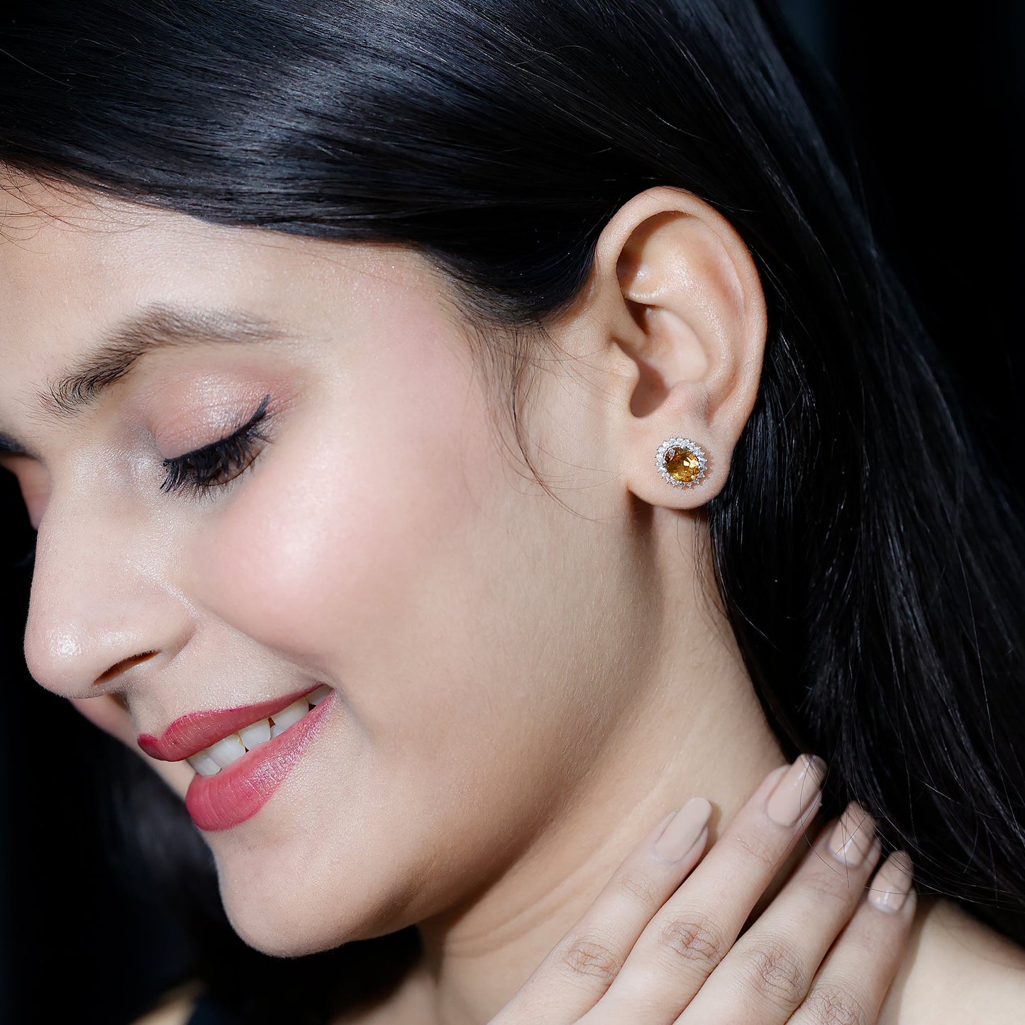 Oval Shaped 2.2 Carat Citrine Stud Earrings with Halo