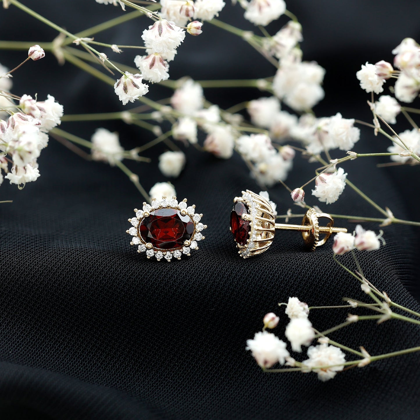 3 Carat Garnet Oval Stud Earrings with Moissanite Halo