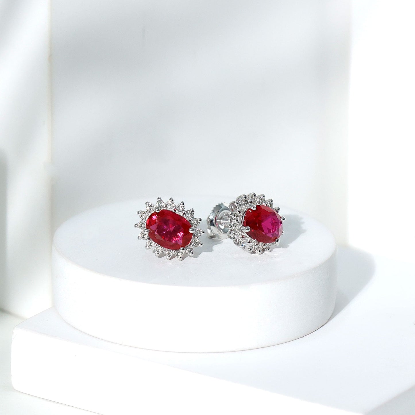 3 Carat Oval Lab Created Ruby Stud Earrings with Diamond Halo