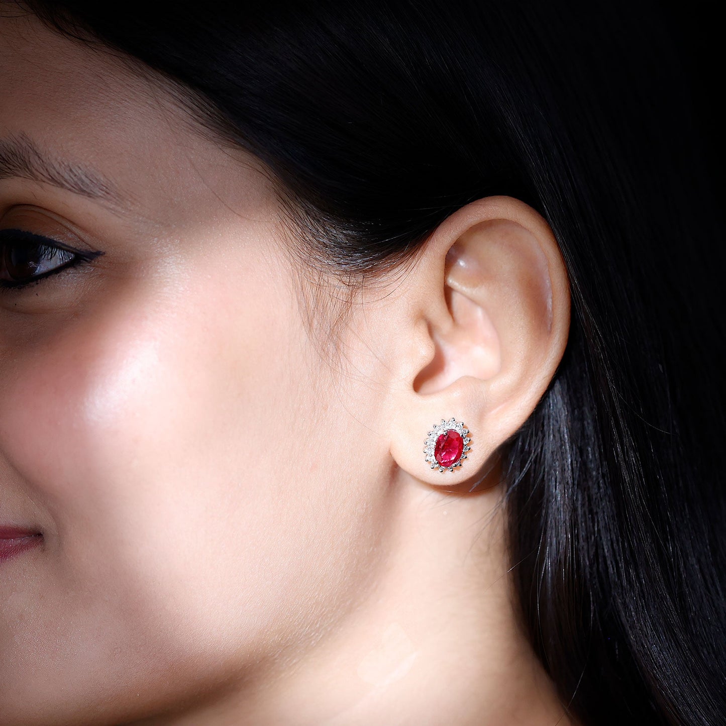 3 Carat Oval Lab Created Ruby Stud Earrings with Diamond Halo