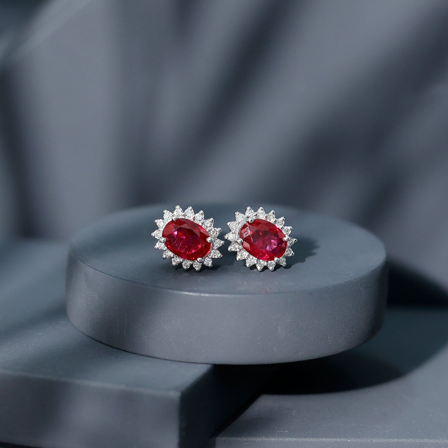 3 Carat Oval Lab Created Ruby Stud Earrings with Diamond Halo