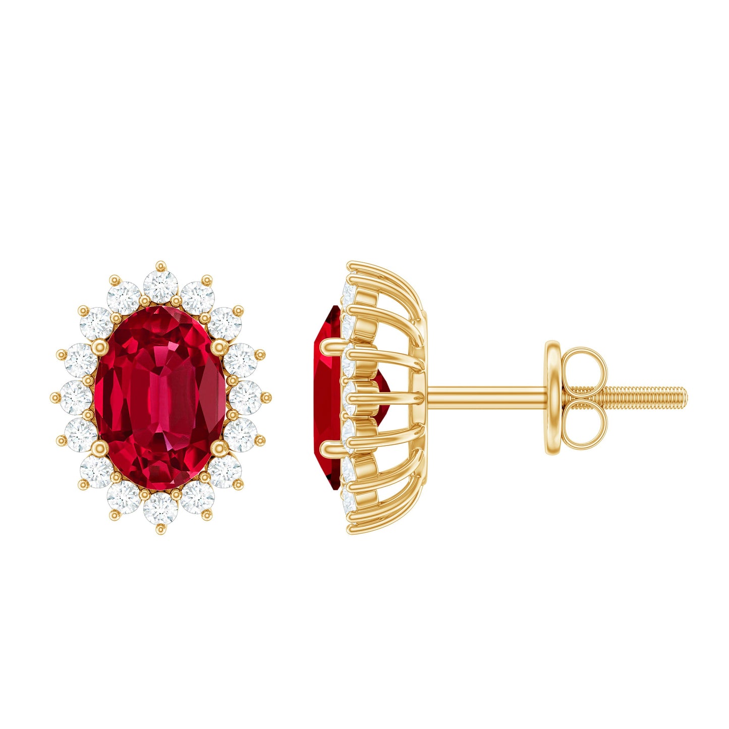 3 Carat Oval Lab Created Ruby Stud Earrings with Diamond Halo