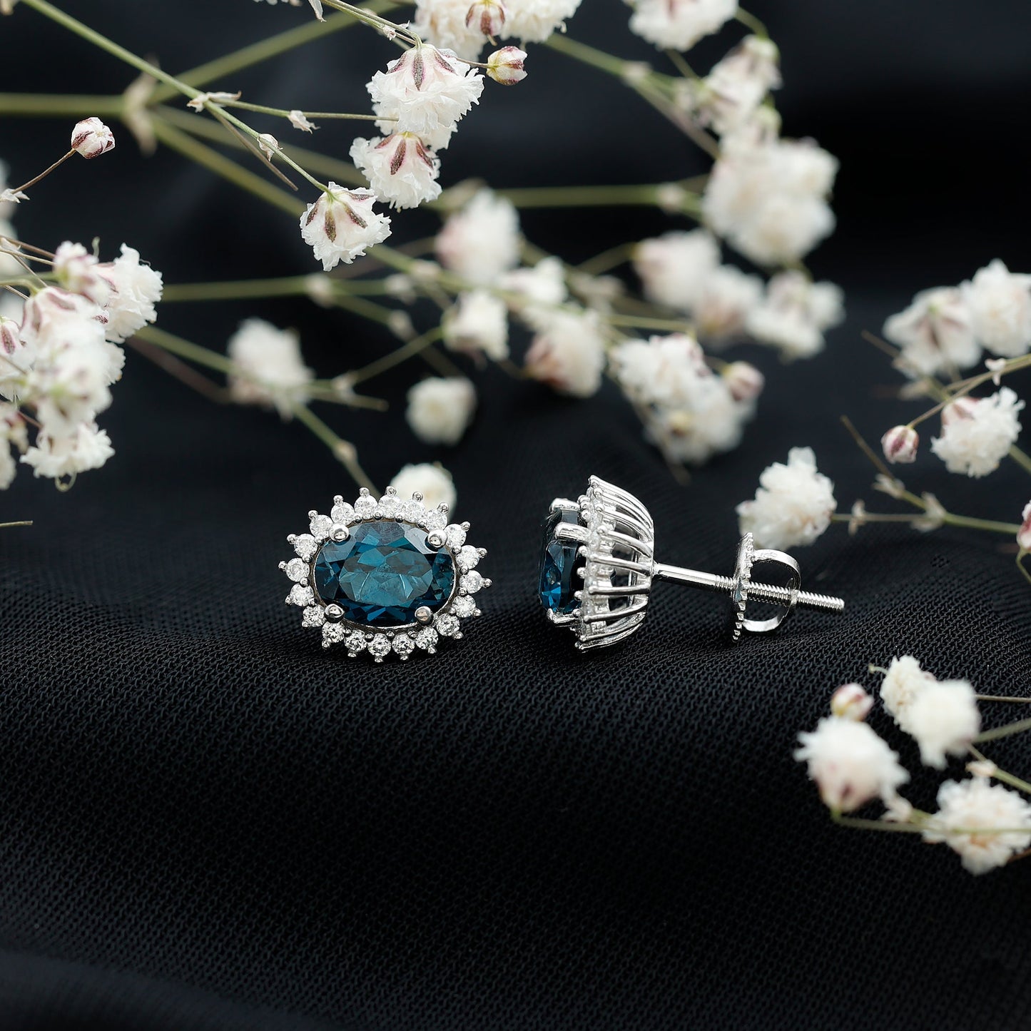2.2 Carat Oval London Blue Topaz Stud Earrings with Moissanite Halo