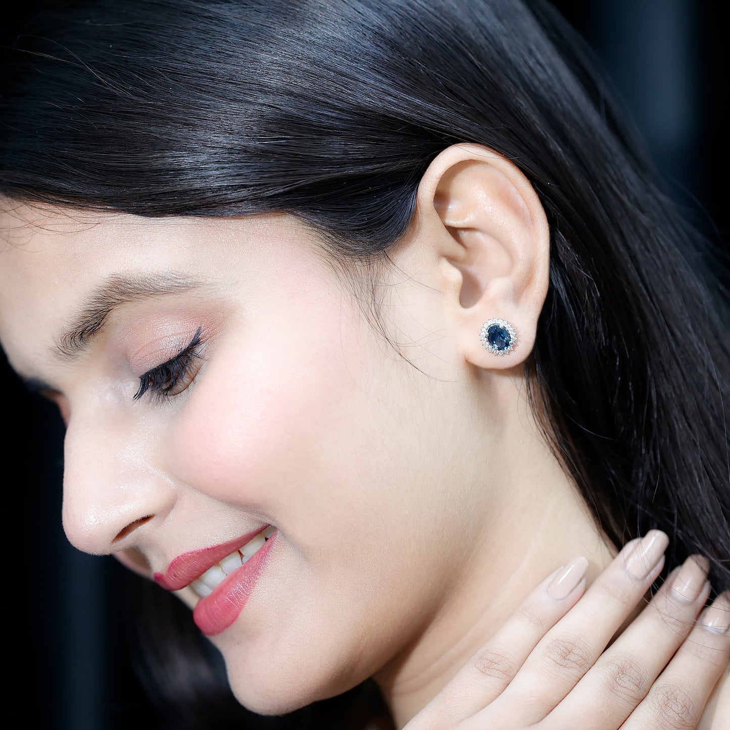 2.2 Carat Oval London Blue Topaz Stud Earrings with Moissanite Halo