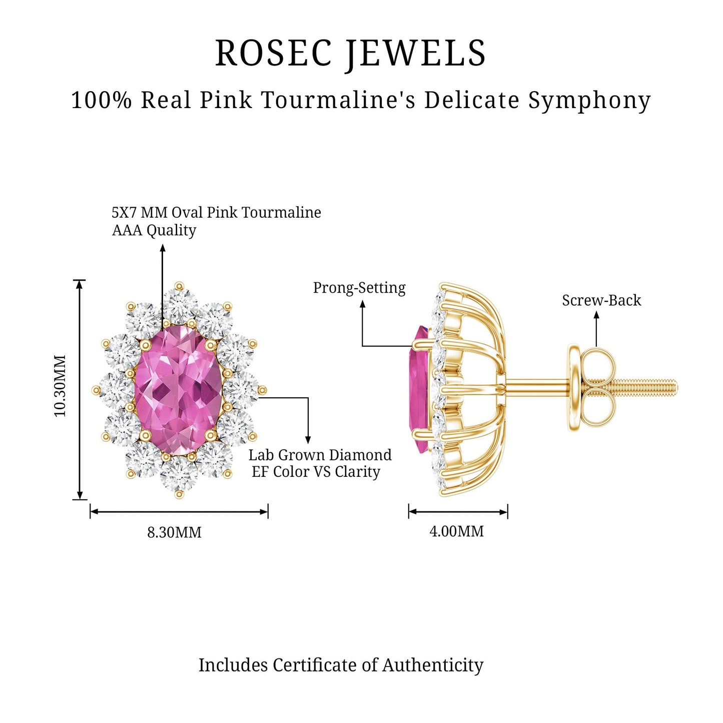 1.3 Carat Oval Pink Tourmaline Stud Earrings with Diamond Halo