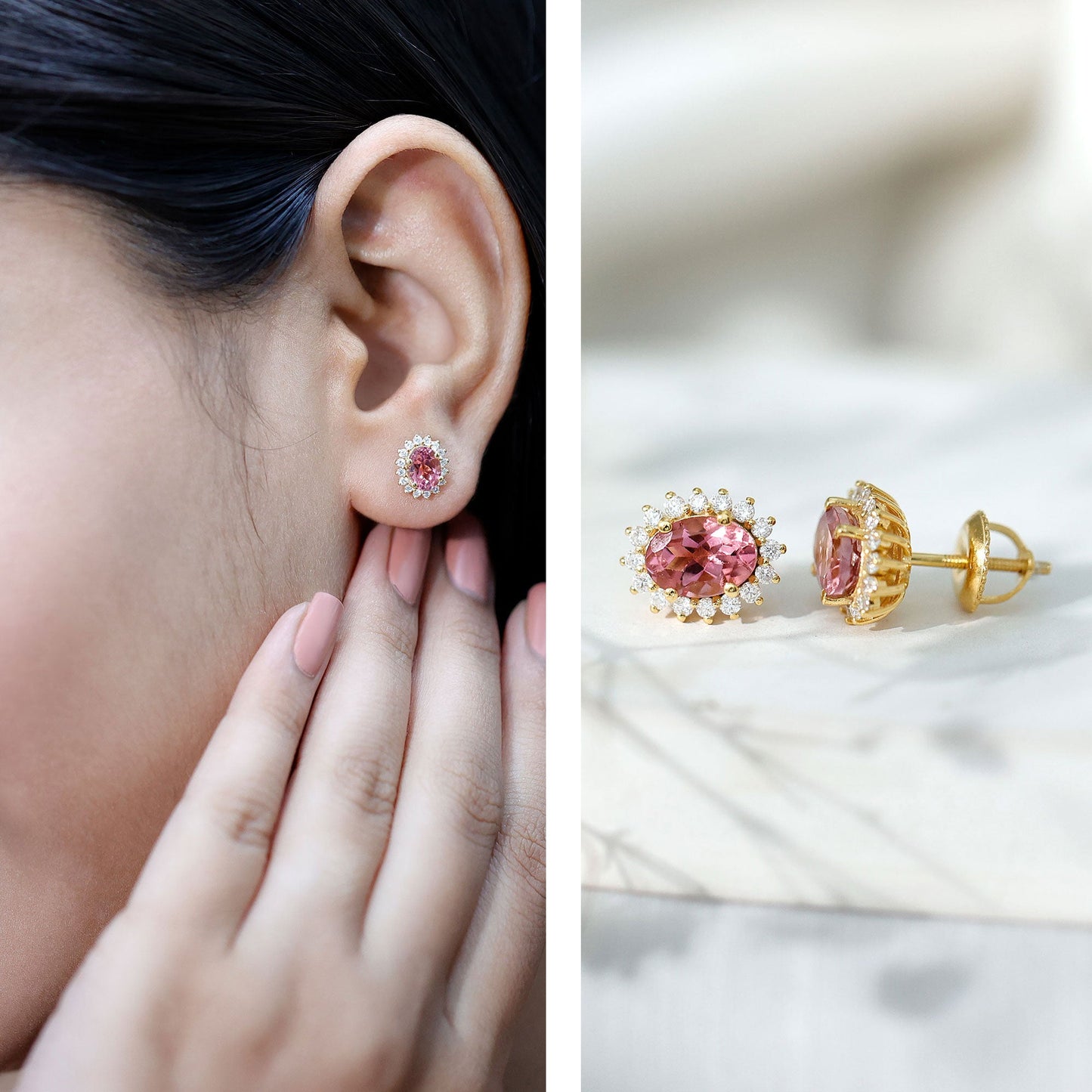 1.3 Carat Oval Pink Tourmaline Stud Earrings with Diamond Halo