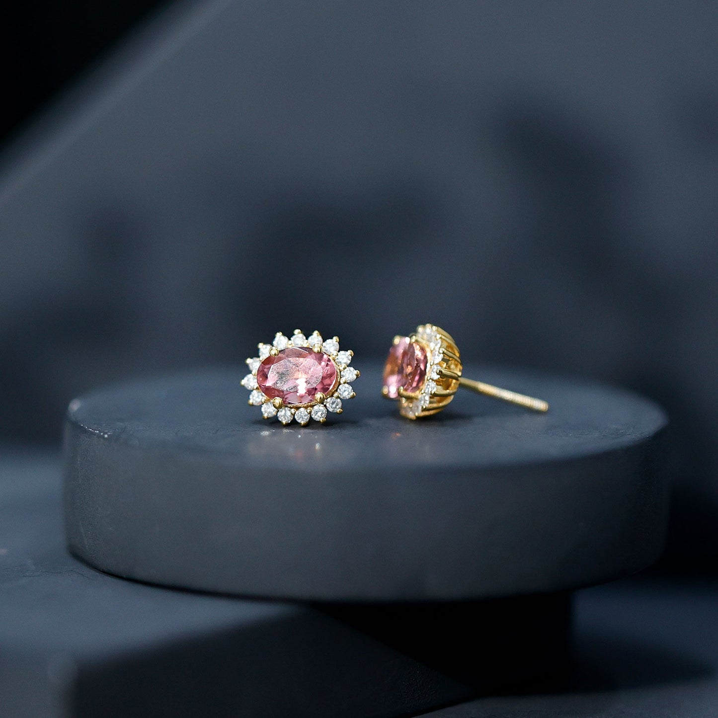 1.3 Carat Oval Pink Tourmaline Stud Earrings with Diamond Halo