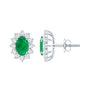 Oval Cut Natural Emerald Stud Earrings with Diamond Halo