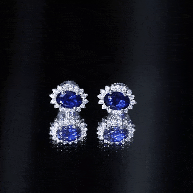 Lab Created Blue Sapphire Oval Stud Earrings with Moissanite Halo