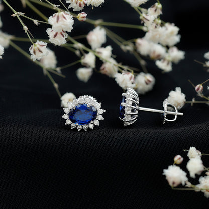 Lab Grown Blue Sapphire Princess Diana Inspired Stud Earrings in Silver