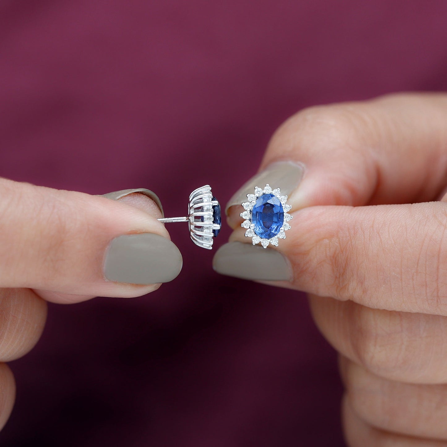 Lab Created Blue Sapphire Oval Stud Earrings with Moissanite Halo