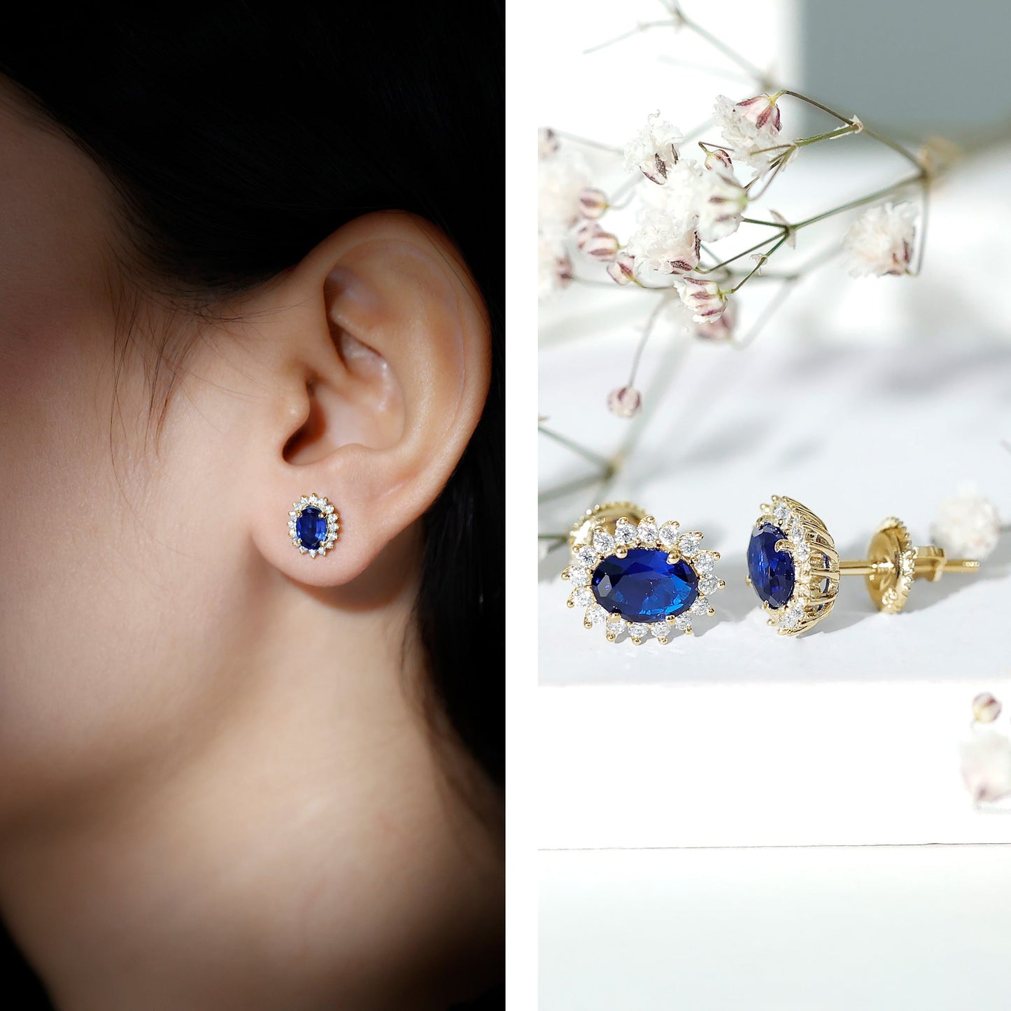 Lab Created Blue Sapphire Oval Stud Earrings with Moissanite Halo