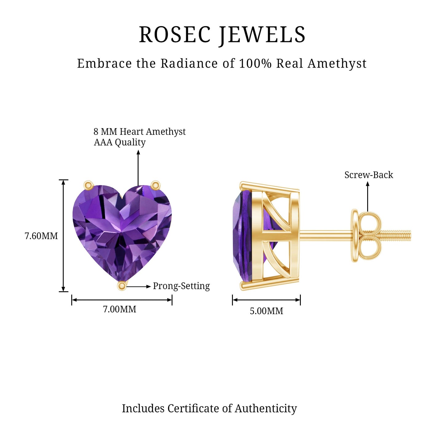 Heart Shape Amethyst Solitaire Stud Earrings for Her