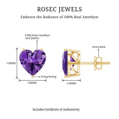 Heart Shape Amethyst Solitaire Stud Earrings for Her