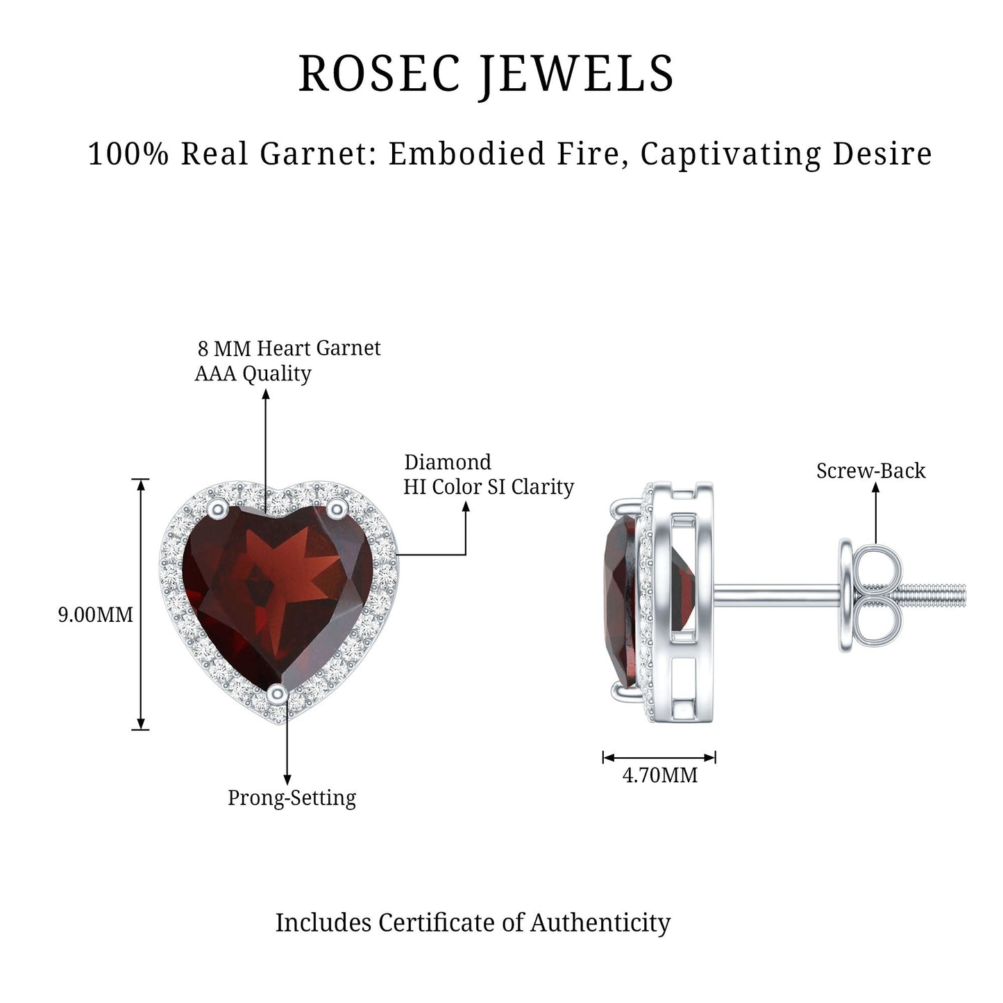 8 CT Heart Shape Garnet Stud Earrings with Diamond Halo