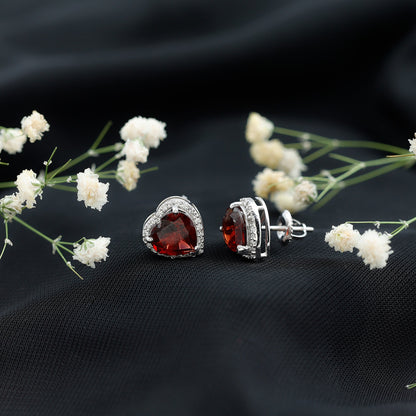 8 CT Heart Shape Garnet Stud Earrings with Diamond Halo