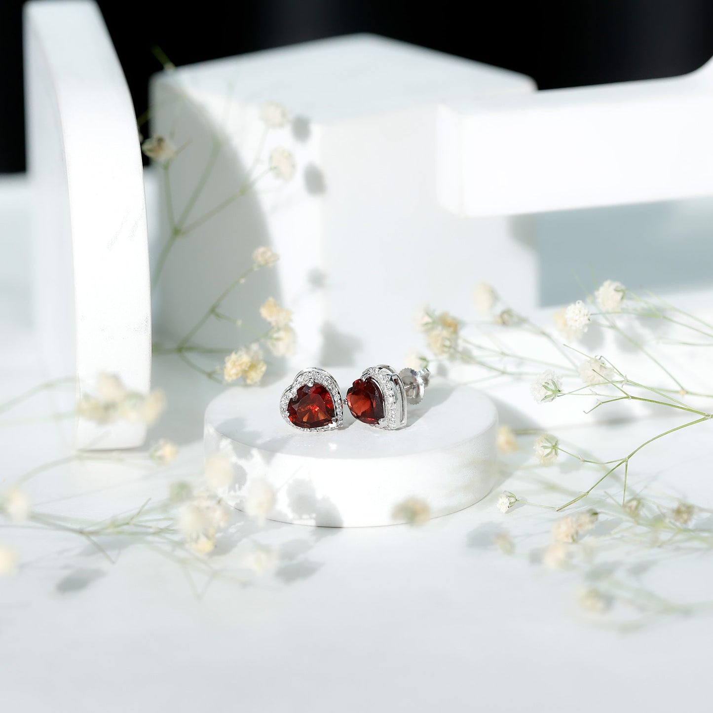 8 CT Heart Shape Garnet Stud Earrings with Diamond Halo