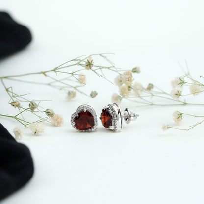 8 CT Heart Shape Garnet Stud Earrings with Diamond Halo