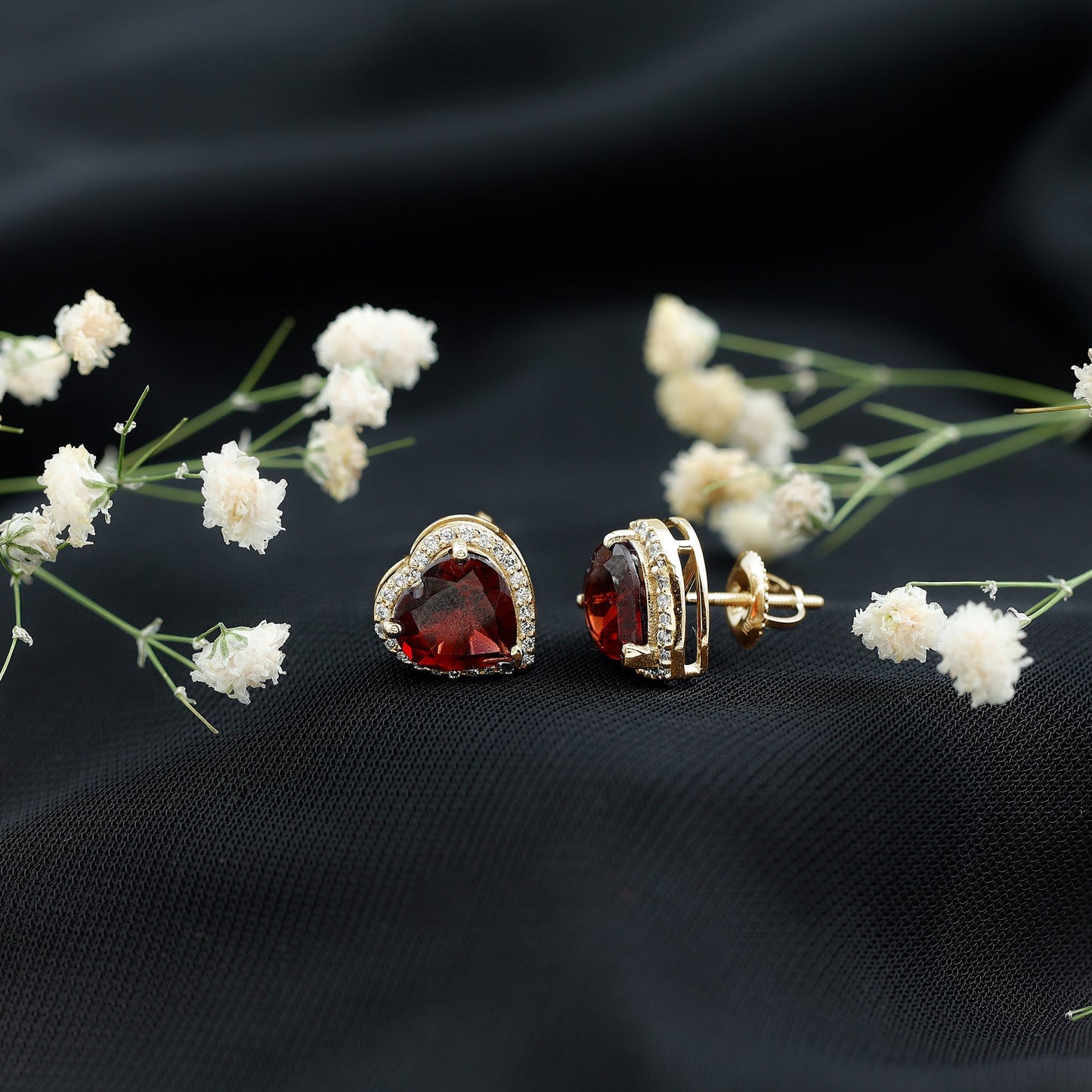 8 CT Heart Shape Garnet Stud Earrings with Diamond Halo